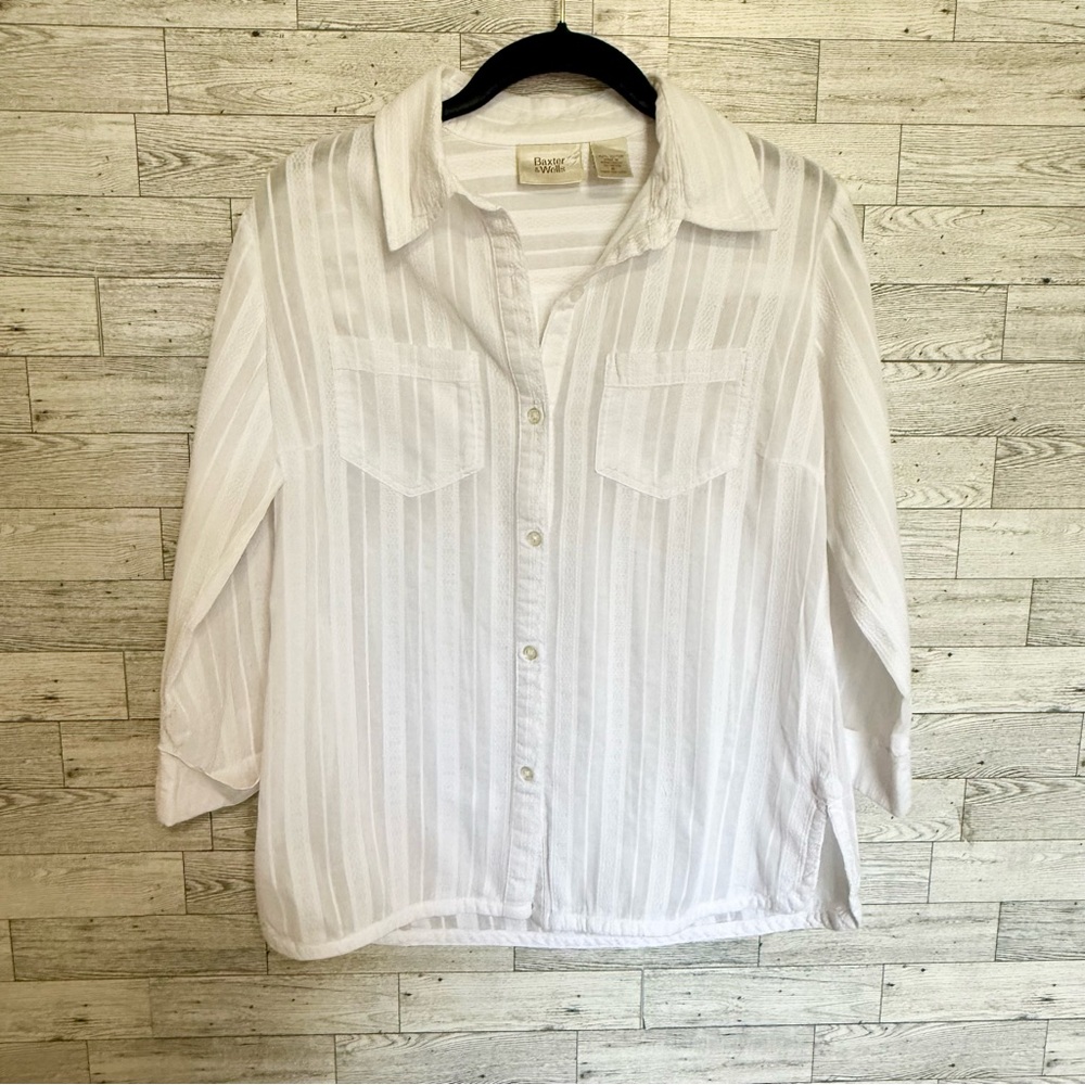 Baxter & Wells White Button Up Tab Sleeve Pockets Collared Rounded Hemline Vents - Picture 14 of 15